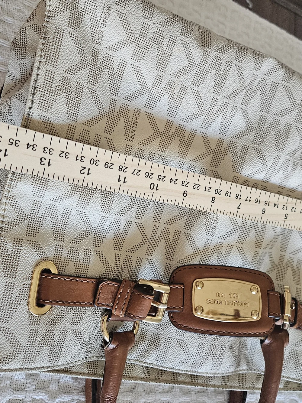 Michael Kors Beige Logo Tote with Brown Leather Handles and Gold Hardware